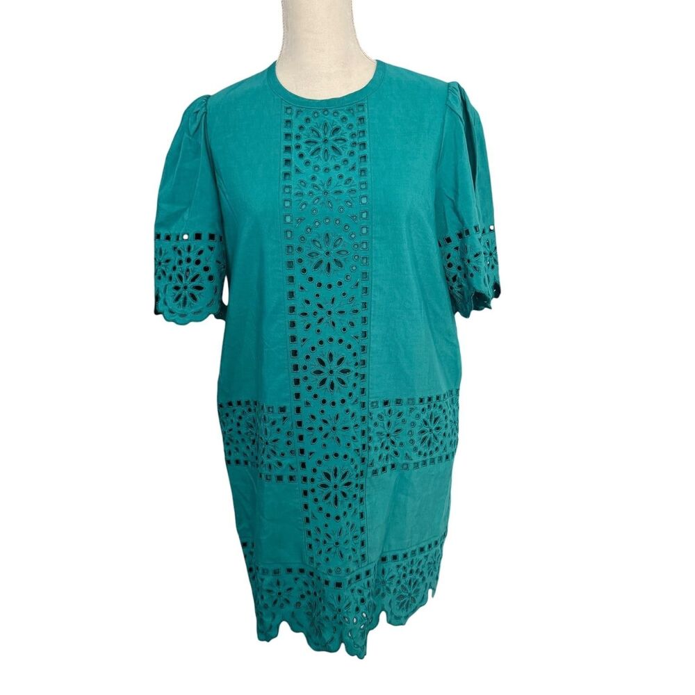 Rebecca Taylor Dress Womens 2 Teal Deco Eyelet Shift Flutter Embroidered Pockets - Picture 2 of 11